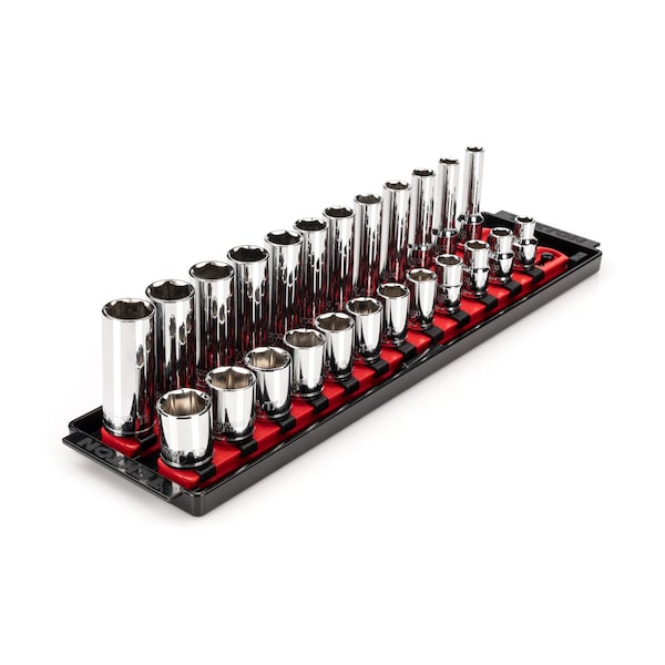 3/8 Inch Drive 6-Point Socket Set with Rails, 24-Piece (8-19 mm)